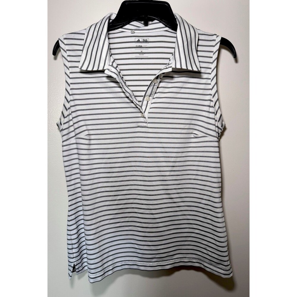 Adidas Women’s ClimaCool Sleeveless Golf Polo Shirt White Striped Athletic Top